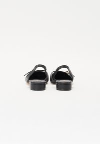 Des sandales noires à talons avec un dos ouvert, des semelles plates et des sangles ajustables. Texture en cuir lisse avec un design minimaliste et sans motifs visibles.