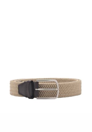 Beige woven fabric belt with silver metal buckle and black leather loop on a white background.