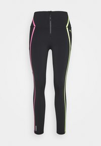 Czarne legginsy z dwoma pionowymi pasami w różowym i neonowym zielonym kolorze. Wysoki stan, z zamkiem błyskawicznym z przodu oraz gładkim, elastycznym materiałem.