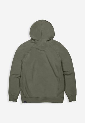 Olivengroene trui met capuchon, gemaakt van zachte stof, met raglanmouwen en geribbelde boorden. Eenvoudig ontwerp zonder patronen of accenten.