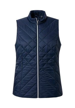 Granatowa kamizelka bez rękawów z ukośnym pikowaniem, wysokim kołnierzem i srebrnym zamkiem błyskawicznym. Lekki, wodoodporny materiał o gładkiej fakturze.