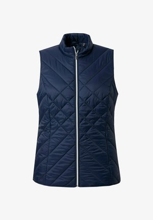 Marineblå ærmeløs vest med diagonalt quiltet mønster, høj krave og sølvlynlås. Letvægts, vandafvisende stof med glat tekstur.