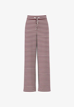 Szerokie spodnie w paski o żebrowanej fakturze, w kolorze bordowym i białym, z regulowanym troczkiem w pasie dla wygody.