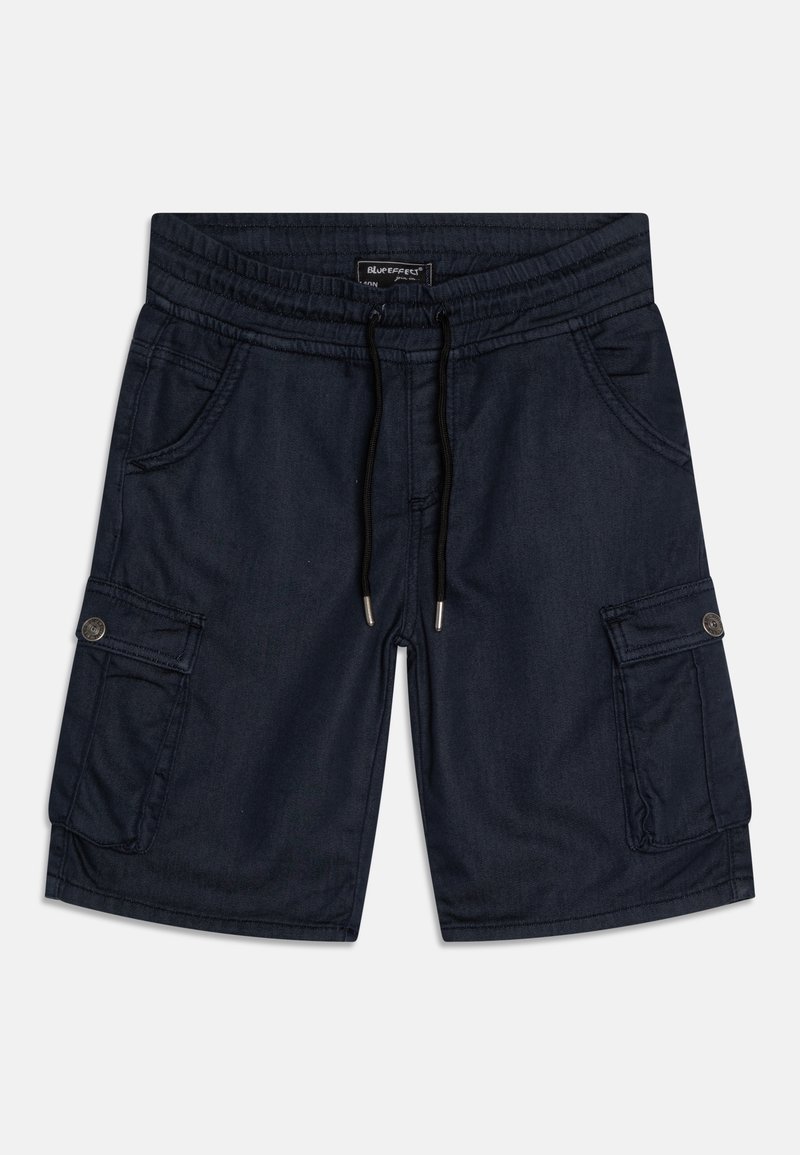 Shorts cargo bleu marine foncé avec taille élastique, cordons noirs, poches latérales à rabat avec boutons et deux poches avant pour les mains.