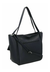 Sac fourre-tout en cuir noir avec surface texturée, double bandoulières, une poche zippée sur le côté et un design minimaliste.