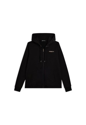 Felpa nero con zip, due tasche frontali, cappuccio con coulisse e logo "FREDDY" sul petto sinistro e sull'etichetta interna.
