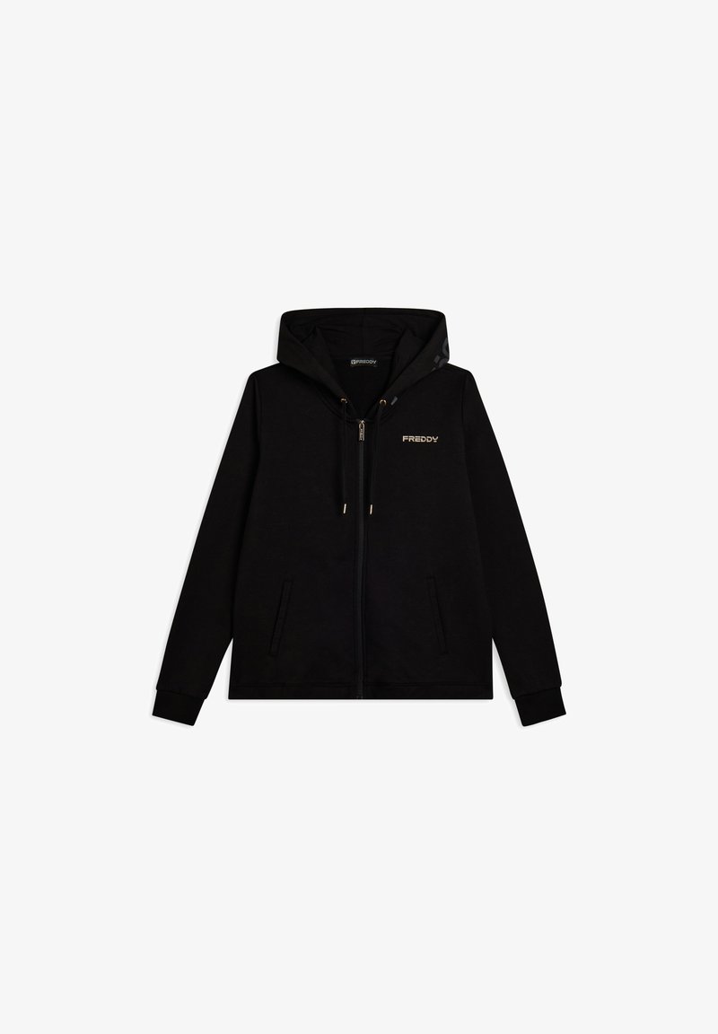 Sweat à capuche noir zippé avec deux poches avant, cordon de serrage pour la capuche, et logo "FREDDY" sur la poitrine gauche et sur l'étiquette intérieure.