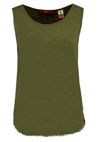 Olivgrön ärmlös topp med rund halsringning, sidosprund och texturerad nederkant med små dekorativa fransar. Tillverkad av mjukt tyg.
