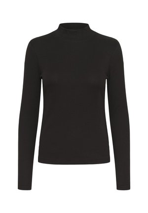 Haut noir à manches longues en ribbed avec col montant, coupe ajustée et design sobre, présenté sur fond blanc.