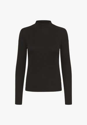 Črn dolgi rokav ribbed top z mock ovratnikom, prilegajočega kroja in enostavnim dizajnom, prikazan na beli podlagi.