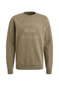 Khaki sweatshirt met een ronde hals, lange mouwen en ribgebreide manchetten. Heeft gedrukte tekstontwerpen op de voorkant en een zak op de mouw.