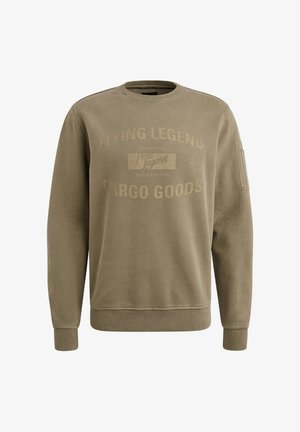 Khaki sweatshirt met een ronde hals, lange mouwen en ribgebreide manchetten. Heeft gedrukte tekstontwerpen op de voorkant en een zak op de mouw.