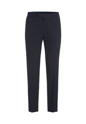 Navy blue tailored trousers with a smooth texture, flat front, belt loops, and a slim fit design. No visible patterns or accents.