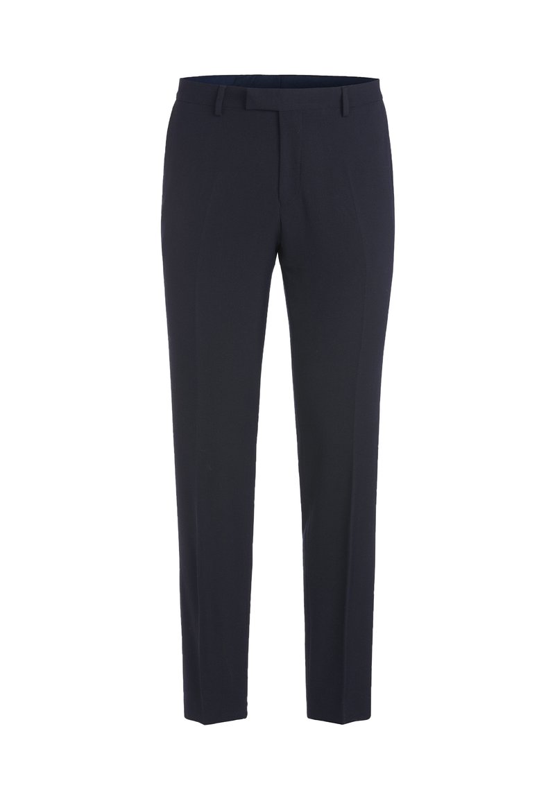 Navy blue tailored trousers with a smooth texture, flat front, belt loops, and a slim fit design. No visible patterns or accents.
