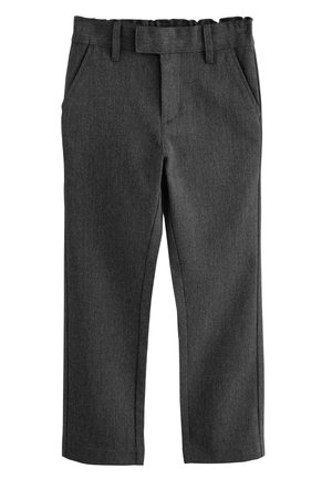 Pantalon gris foncé à jambes droites avec passants pour ceinture et poches latérales, conçu pour un usage formel ou professionnel.