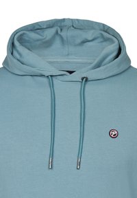 Sudadera azul claro con capucha ajustable, textura suave y un pequeño logo circular en el pecho con un contorno negro y rojo.