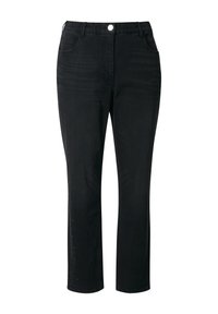 Pantalones de mezclilla negros con corte recto, que cuentan con una cinturilla cómoda, dos bolsillos frontales y sutiles embellishments a lo largo del lado.