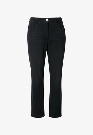 Černé džíny se rovný střih, pohodlným pasem, dvěma předními kapsami a jemnými ozdobami podél strany.