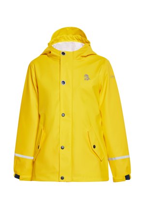 Żółta nieprzemakalna kurtka przeciwdeszczowa z kapturem, czarnymi guzikami, odblaskowymi akcentami oraz dwoma bocznymi kieszeniami. Gładki, lekki materiał.