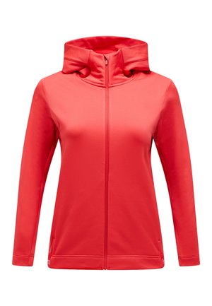 Rode atletische hoodie van gladde, rekbare stof. Heeft een voorkant met ritssluiting, een gestructureerde capuchon en lange mouwen. Minimalistisch ontwerp.