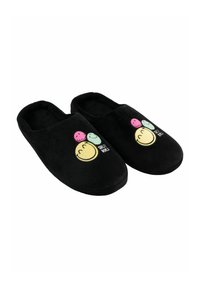 Pantofole in peluche nere con tre icone di gelato sorridenti colorate: rosa, verde e gialla, con la scritta "Small World" in bianco.