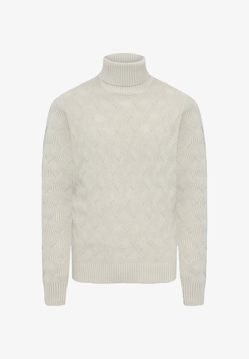 Jersey de cuello alto crema con un patrón de olas texturizado, puños y dobladillo acanalados, y un corte ajustado. Confeccionado en una suave tela de punto.