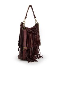 Braune Lederhandtasche mit Fransen-Design, ausgestattet mit einem geflochtenen Griff und einem abnehmbaren Schulterriemen, verziert mit goldfarbener Hardware.