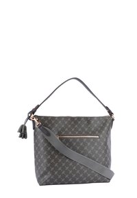 Borsa a tracolla grigia con motivo e texture liscia. Presenta una tasca anteriore con cerniera e un dettaglio con frange.