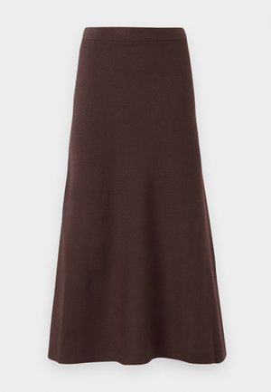 Brown A-line skirt made of smooth fabric, featuring a fitted waist and flared hem, with no visible patterns or embellishments.