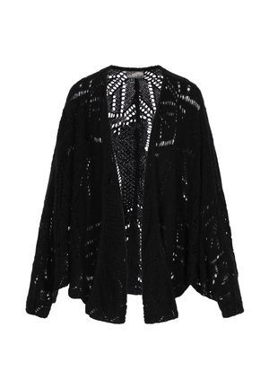 Sort åben foran strikket cardigan med løstsiddende ærmer og detaljerede blonder-lignende mønstre over hele stoffet.