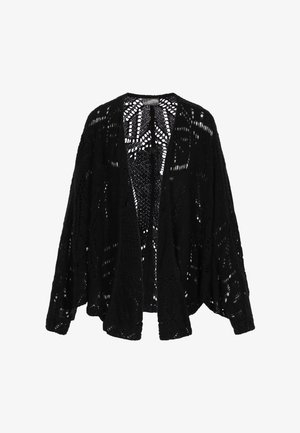 Sort åben foran strikket cardigan med løstsiddende ærmer og detaljerede blonder-lignende mønstre over hele stoffet.