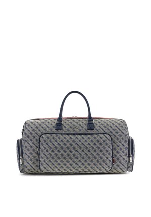 Grand sac de sport gris avec un imprimé de logo à motif bleu marine, deux poignées supérieures, une poche zippée frontale et des compartiments zippés latéraux.