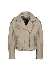 Beige leren motorjack met een revers kraag, ritsen, schouderepauletten en een ceintuur in de taille. Gladde textuur met een getailleerde pasvorm.