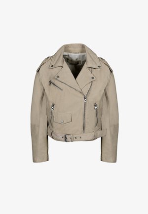 Beige Leder-Bikerjacke mit Reverskragen, Reißverschlüssen, Schulterepauletten und einem taillierten Gürtel. Glatte Textur mit maßgeschneidertem Schnitt.