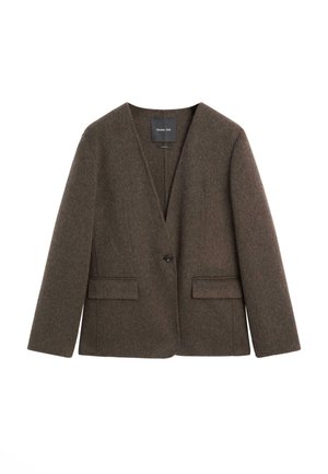 Brun blazer i uldblanding med dyb V-hals, enkelt knaplukning og to forlommer; har en blød tekstur og skræddersyet pasform.