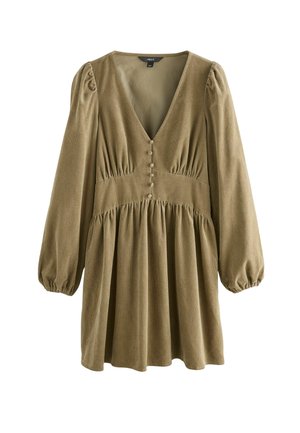 Olijfgroene corduroy jurk met een V-hals, opgeblazen lange mouwen, geplooide taille en decoratieve knoopsluiting aan de voorkant.