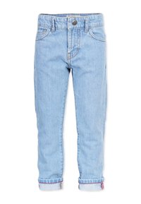 Vaaleansiniset farkut suoran leikkauksen omaavat, joissa on nappikiinnitys, käärityt lahkeet ja etutaskut. Klassinen viiden taskun muotoilu.