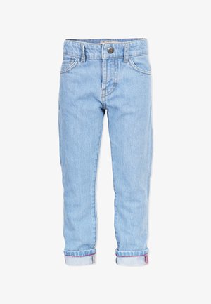 Lyseblå denim jeans med lige pasform, der har en knaplukning, opkrøllede bukseben og forlommer. Klassisk fem-lomme design.