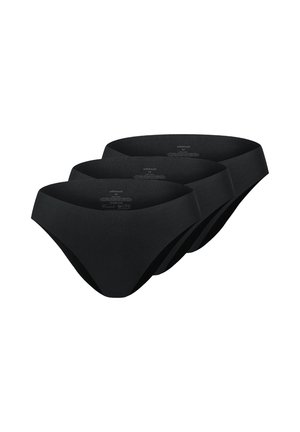 Drei nahtlose schwarze Damen-Slips der Größe M, gestapelt, mit sichtbaren bedruckten Innenetiketten am Bund.