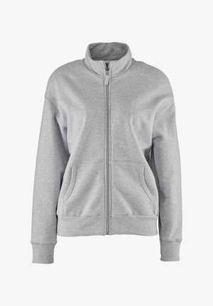 Grijze ritssweater gemaakt van zacht materiaal, met een hoge kraag, zakken aan de voorkant, geribbelde manchetten en een strak, eenvoudig ontwerp.