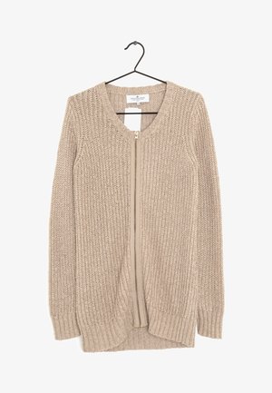 Cardigan beige en maille avec fermeture éclair à l'avant, col rond et manches longues. Présente des poignets côtelés et un ourlet droit. Tissu texturé.