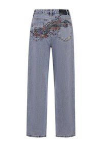 Light blue denim jeans with a straight leg, featuring colorful dragon embroidery on the back pockets and a black leather tag at the waistband.