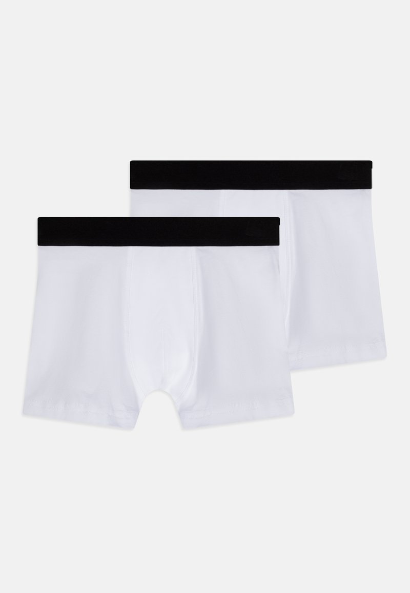Herren Baumwoll-Boxershorts, weiß mit schwarzem elastischem Bund. Zwei Paare präsentiert, nahtloses Design, weicher Stoff und enganliegende Passform.