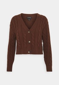 Hnědý pletený cardigan s V-výstřihem, zkrácenou délkou, šesti knoflíky a žebrovanými manžetami a lemem. Texturovaná tkanina, pohodlný design.