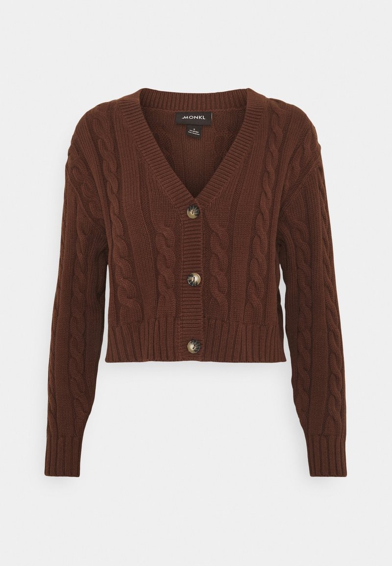 Hnědý pletený cardigan s V-výstřihem, zkrácenou délkou, šesti knoflíky a žebrovanými manžetami a lemem. Texturovaná tkanina, pohodlný design.