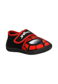 Pantofole per bambini nere e rosse con design di Spider-Man, dotate di una parte superiore in tessuto morbido, cinturino regolabile in velcro e suola in gomma testurizzata.