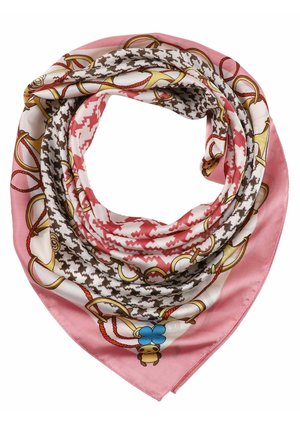 Silkkihuivi, jossa vaaleanpunainen reuna, koristeltu kultaisilla soljilla, punaisilla köysillä, ruskealla dogstooth-kuviolla ja sinisellä kukkakoristeella.