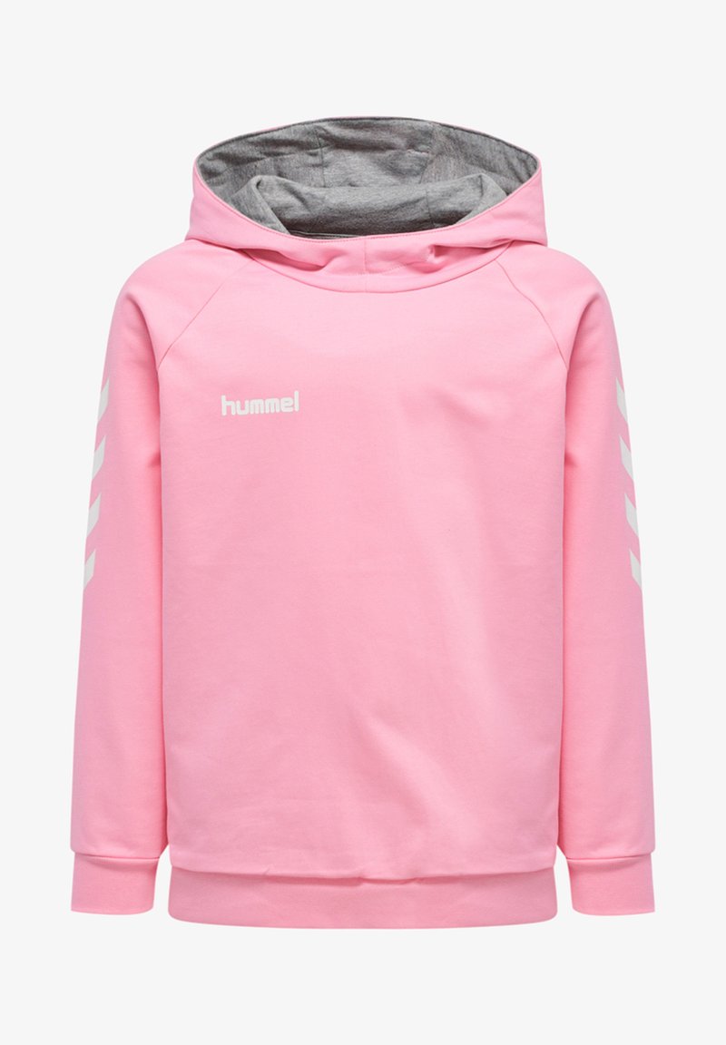 Felpa con cappuccio rosa in tessuto morbido, con un rivestimento interno grigio, dotata di logo bianco e design a chevron sulle maniche.