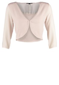 Cardigan boléro court rose clair avec manches trois-quarts et petite fermeture à crochet à l’avant.