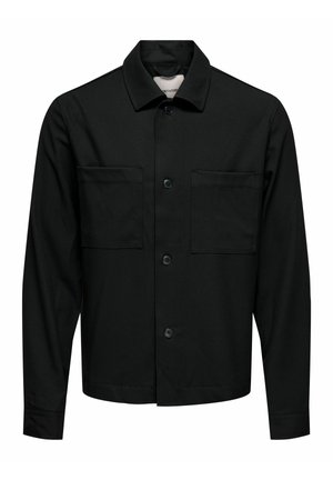 Black button-up jacket made of cotton blend fabric, featuring a straight cut, two front pockets, and a classic collar design.